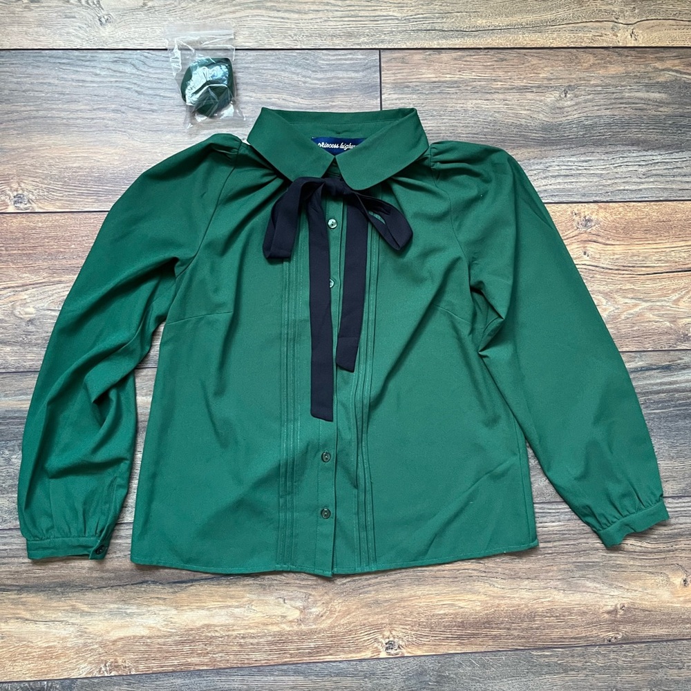 Sweet puff sleeve ribbon button up